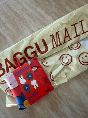 BAGGU Miffy Reusable Tote Bag in Bright Red with Blue & Yellow Accents